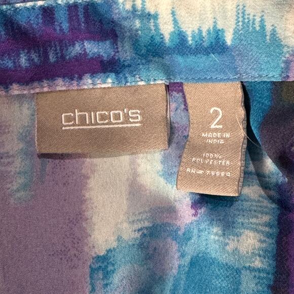 Chico’s SZ 2 (Large) Top Abstract Button-Up 3/4 Sleeves Side Slits Purple Blue - Picture 7 of 8